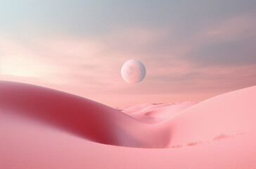 Illustration of Abstract creative scene of pastel pink desert, moon and sky. Romantic scene for Valentine's Day. Beautiful landscape. Generative AI.