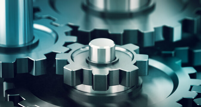 3D illustration of many gears with blur effect. Horizontal image