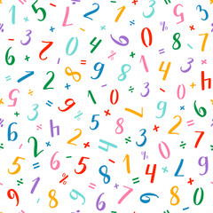 Numeral vector seamless pattern. Handwritten lettering modern brush calligraphy. Hand-drawn figures 1, 2, 3, 4, 5, 6, 7, 8, 9, 0 and mathematical symbols. Multicolor with thick and thin lines.