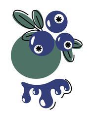 Sweet, juicy berry for healthy breakfasts. Filler for ice cream, yogurt. Blueberry in flat outline style. Natural fresh juice. Design element for labels, stickers. Drops of jam.