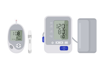 Vector illustration of a glucometer, a tonometer for analyzing blood sugar,  and measuring pressure. Medical equipment