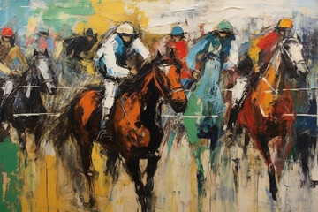 Oil on canvas. Fine art Oil Painting of Horse Racing. Race-riding sport jockeys competition. 