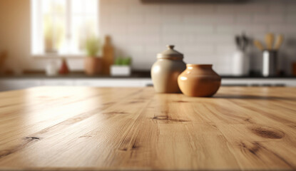 Empty wood table top with blur bokeh modern kitchen interior.Ai generative