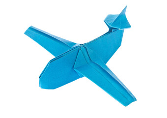 Blue airplane of origami, isolated on white background