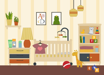 The interior of the children room. Modern furniture design for girls. Vector illustration. For use on covers, flyers, flyers, social media and furniture stores.