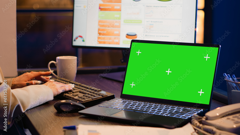 Poster executive agent analyzing green screen on laptop, sitting at desk looking at isolated chroma key dis