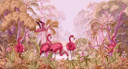 Flamingos in the tropical forest. Vector. - obrazy, fototapety, plakaty