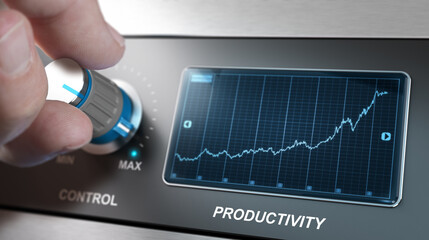 Hand turning control knob to the maximum to increase productivity speed, Concept for production...