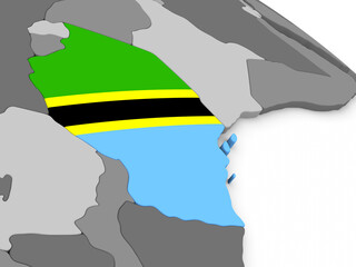 Map of Tanzania with embedded national flag. 3D illustration