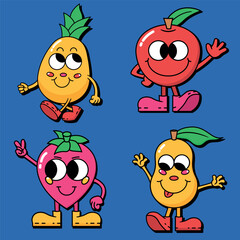 Set of fruits cartoon stickers with funny comic characters, hands. Modern illustration with cute comics characters. Hand drawn doodles of comic characters. Set in modern cartoon style