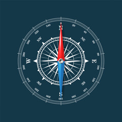 Marine compass, nautical wind rose with cardinal directions of North, East, South, West and degree markings. Geographical position and orientation, cartography and navigation. Vector illustration