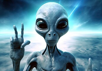 Happy space alien showing a peace sign  - obrazy, fototapety, plakaty