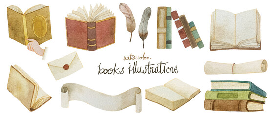 watercolor books illustration, books and scroll illustrations. 