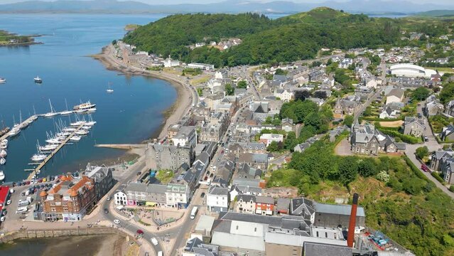 Aerial drone video of the coastal town of Oban in Scotland