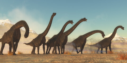 A Brachiosaurus dinosaur herd pass through a dry desert area in the Jurassic Period of North America. © Designpics