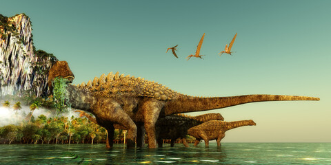 Ampelosaurus dinosaurs wade out into the water to eat underwater vegetation in the Cretaceous Period.
