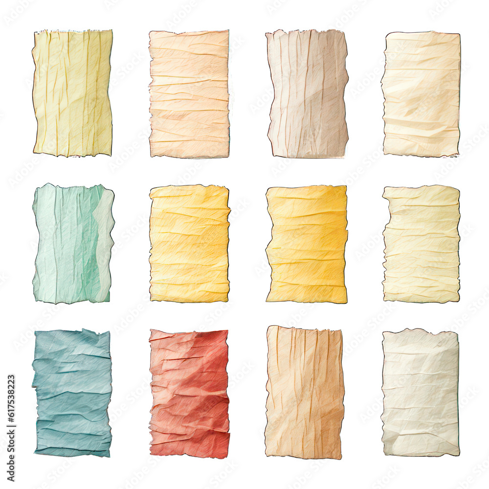 Poster collection of colorful ripped textured paper strips isolated on white created with generative ai