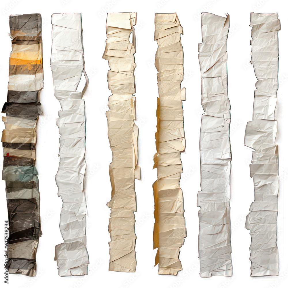 Poster collection of colorful ripped textured paper strips isolated on white created with generative ai