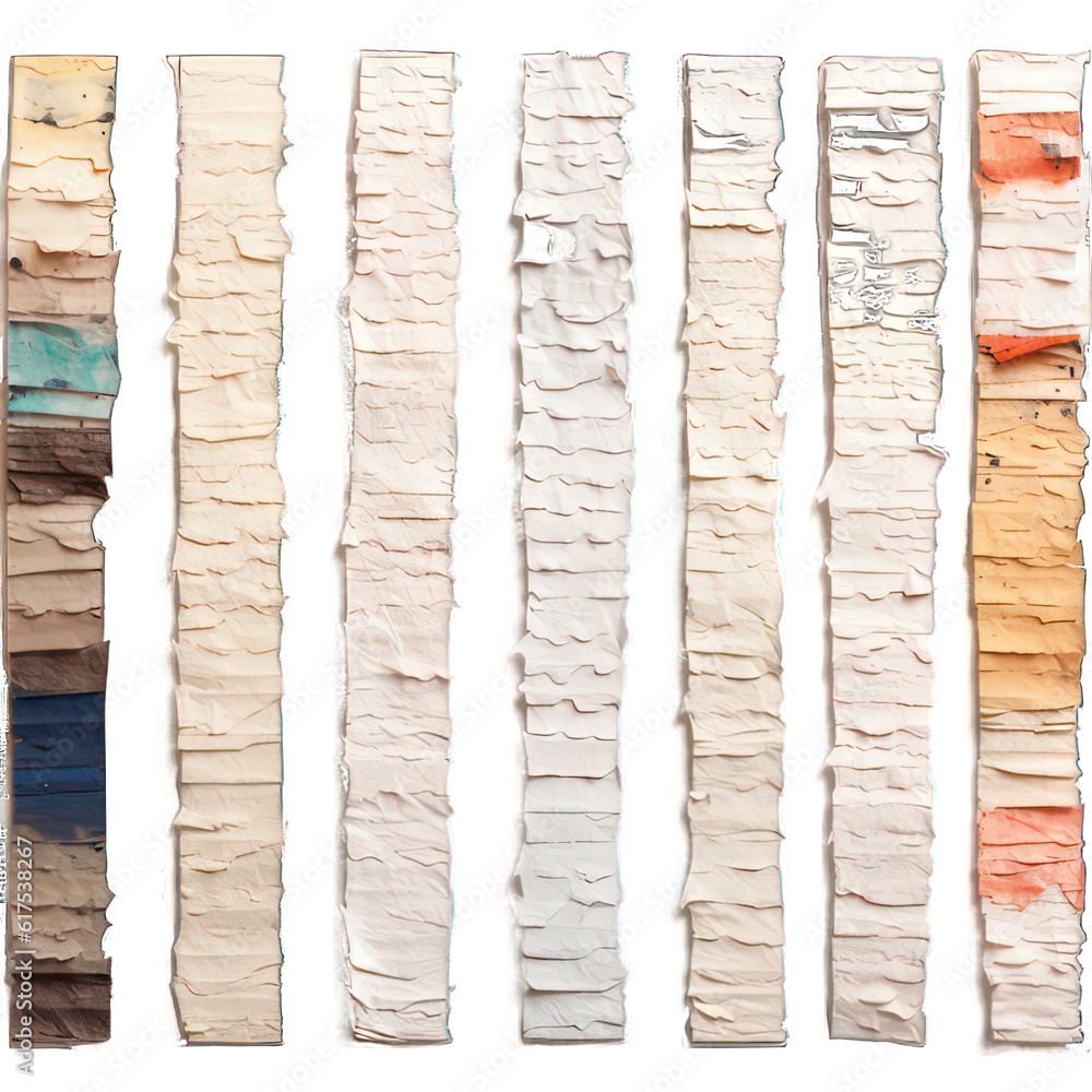 Poster collection of colorful ripped textured paper strips isolated on white created with generative ai