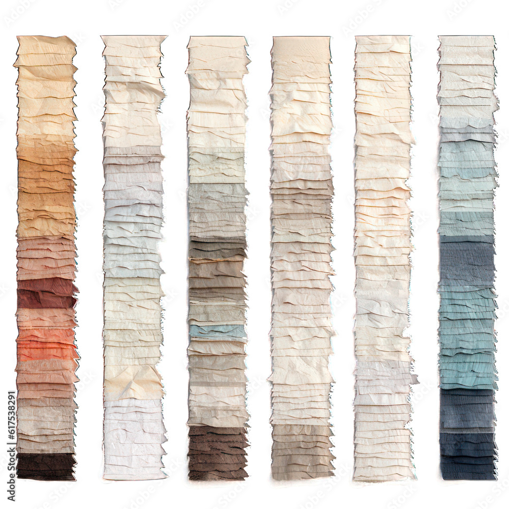 Poster collection of colorful ripped textured paper strips isolated on white created with generative ai
