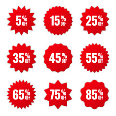 Price tags collection, special offer or shopping discount label with percent, discount percentage value. Red retail paper sticker. Promotional sale badge. Vector illustration