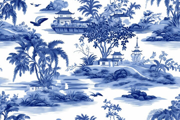 Fototapeta na wymiar toile de jouy tropical island blue and white seamless 