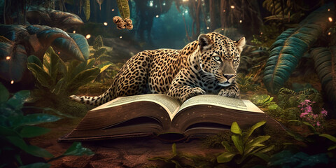 A wild jaguar or leopard lies on the pages of an open book, in the jungle and close-up. Generative AI