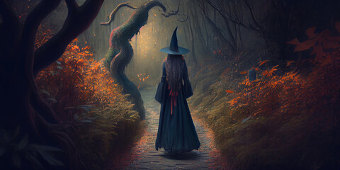 The wizard stands on a path in a dense twilight fairy forest and look into the distance, rear view. Generative AI