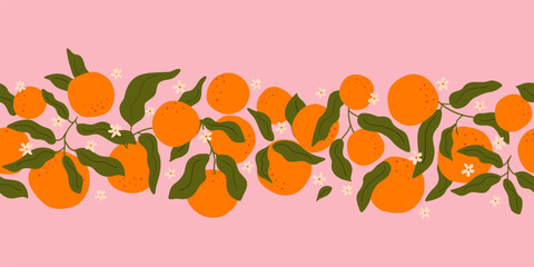 Orange fruit seamless border with curve botanical leaves. Repeat tropical summer fruit on pink background. Citrus horizontal long banner. Hand drawn vector print. Exotic fresh fruits.