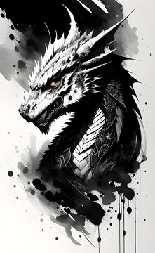 Portrait eines Drachenkopfes in fernöstlicher Anmutung, in Tinte und schwarzer Wasserfarbe, Digitalkunst