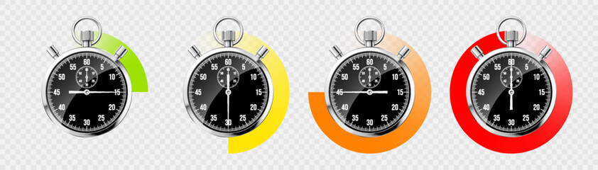 Realistic classic stopwatch. Shiny metal chronometer, black time counter with dial. Colorful countdown timer showing minutes, seconds. Time measurement for sport, start or finish. Vector illustration