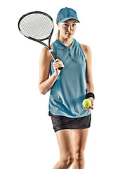 one young caucasian tennis woman isolated in silhouette on white background