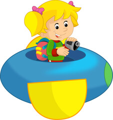 Cartoon kid on a toy funfair plane amusement park or playground isolated illustration for kids