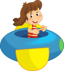 Cartoon kid on a toy funfair plane amusement park or playground isolated illustration for kids