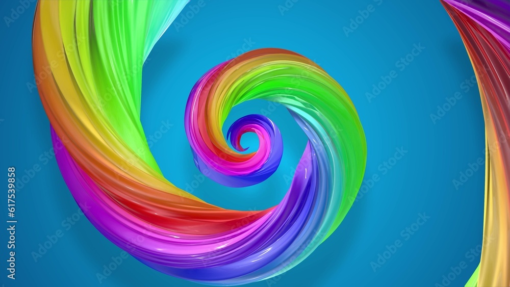 Aufkleber 3d render. abstract background with rainbow color stripes in spiral and shiny on blue background. ra