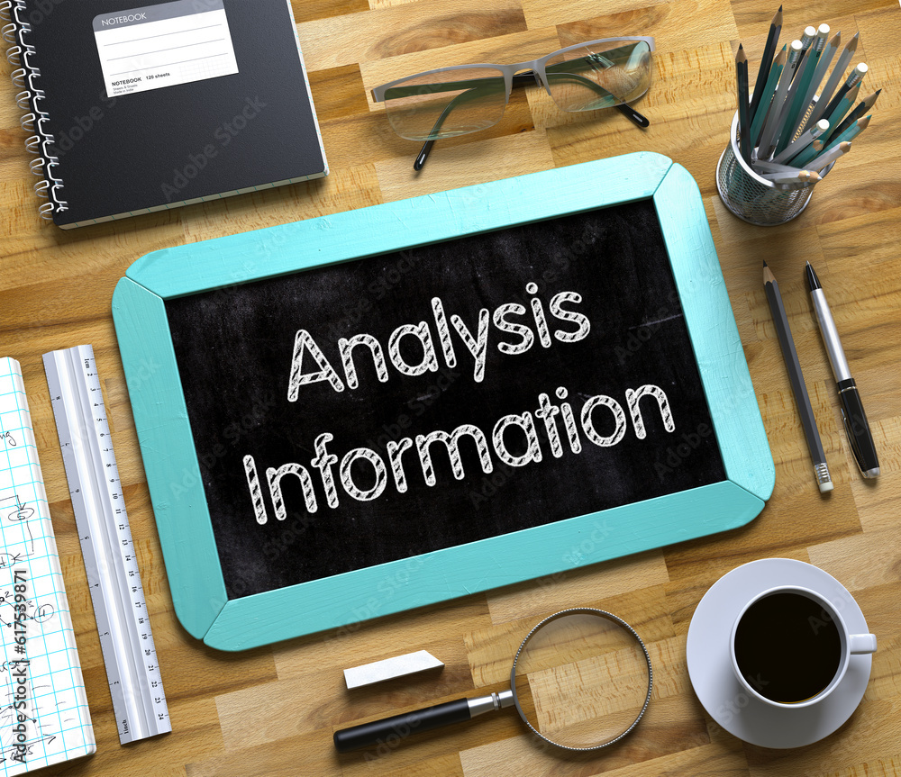 Poster analysis information on small chalkboard. analysis information handwritten on small chalkboard. 3d r