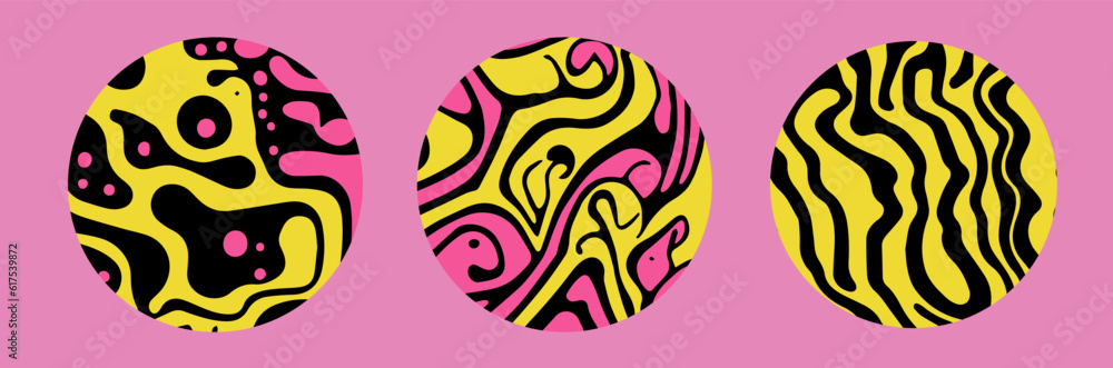 Aufkleber Set of abstract geometric elements for design with psychedelic pattern in different colors.