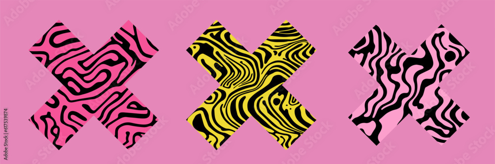 Poster Set of abstract geometric elements for design with psychedelic pattern in different colors.
