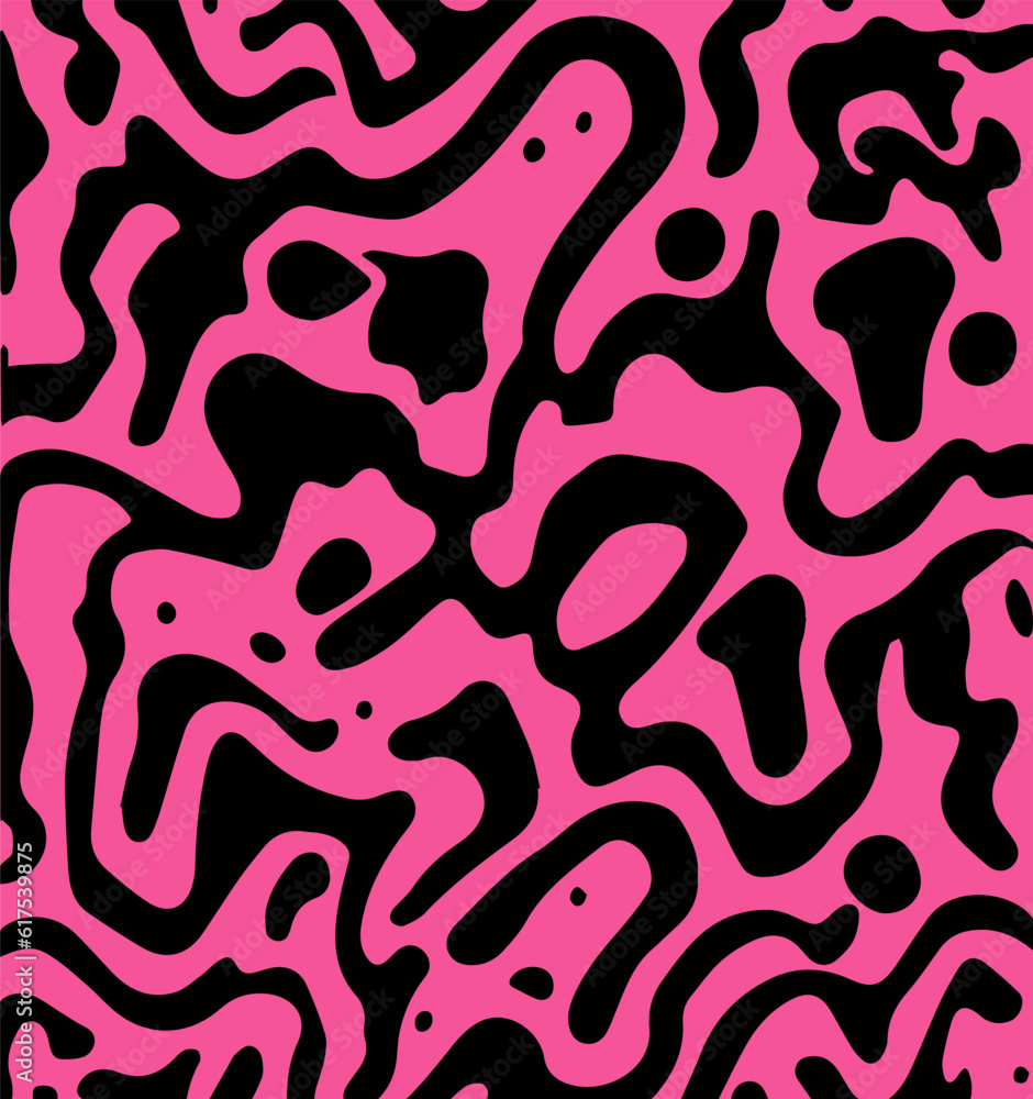 Fototapete abstract psychedelic black and pink backround with blobs in retro hippie style.