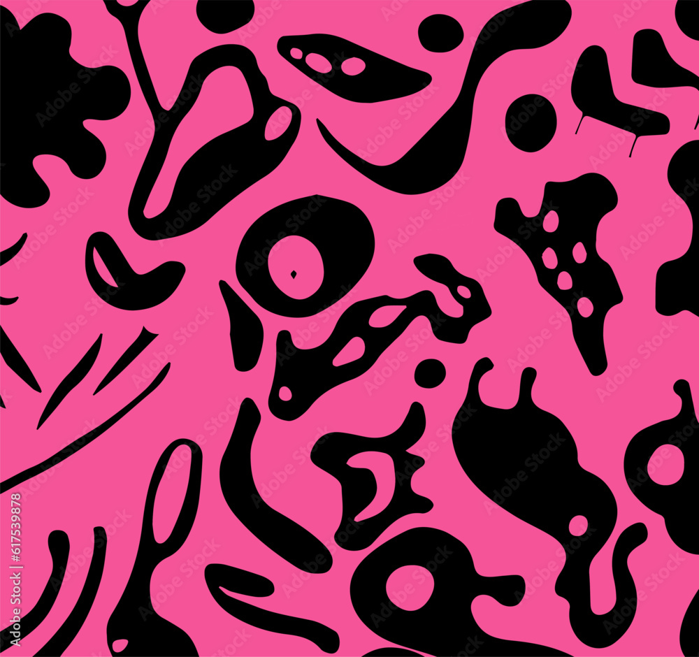 Poster Abstract psychedelic black and pink backround with blobs in retro hippie style.