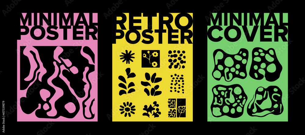 Poster psychedelic retro posters with abstract melting shapes. new wave spiritual hippie style.