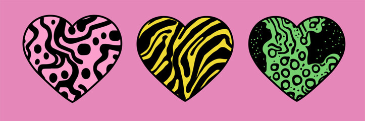 Set of abstract geometric elements for design with psychedelic pattern in different colors.