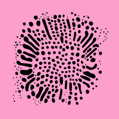 Abstract psychedelic black and pink backround with blobs in retro hippie style.