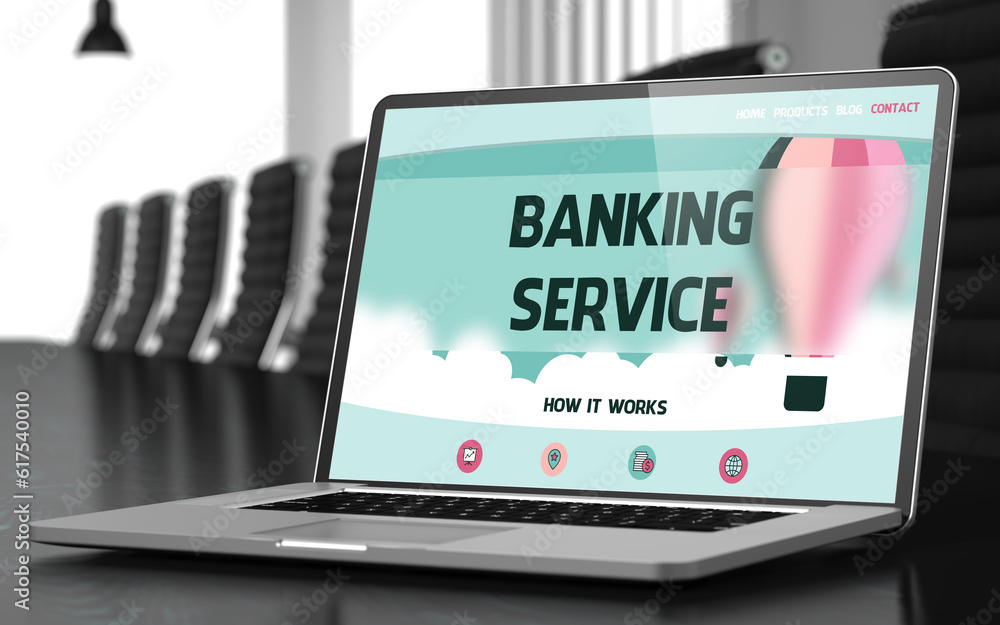 Poster banking service concept. closeup of landing page on mobile computer screen in modern meeting room. t