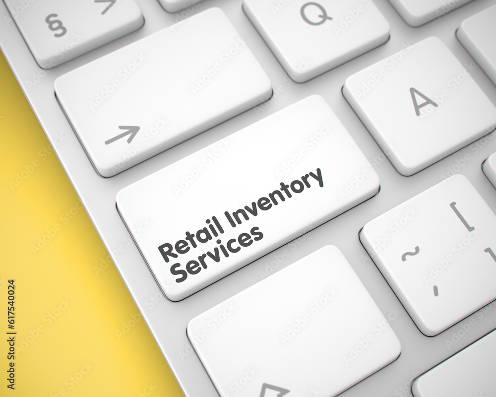 Poster closeup white keyboard key - retail inventory services. metallic keyboard key showing the message re