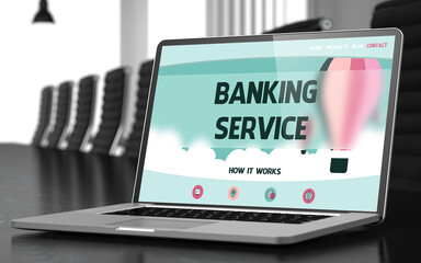 Banking Service Concept. Closeup of Landing Page on Mobile Computer Screen in Modern Meeting Room. Toned Image. Selective Focus. 3D Render.