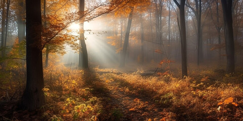 Fototapeta premium Landscape of autumn deciduous forest in sunny and slightly foggy weather. Generative AI