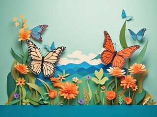 Decorative composition of paper flowers and butterflies, on an isolated background. Generative AI