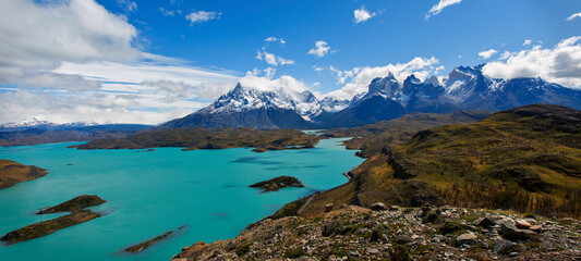 view from mirador condor in torres del paine national park in patagonia, chile, view of cuernos del paine and lake pehoe