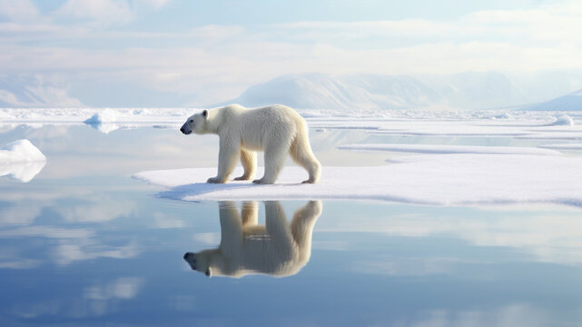 Polar bear in search of food. Suffering from climate change, lack of ice and global warming. Banner. Copy space